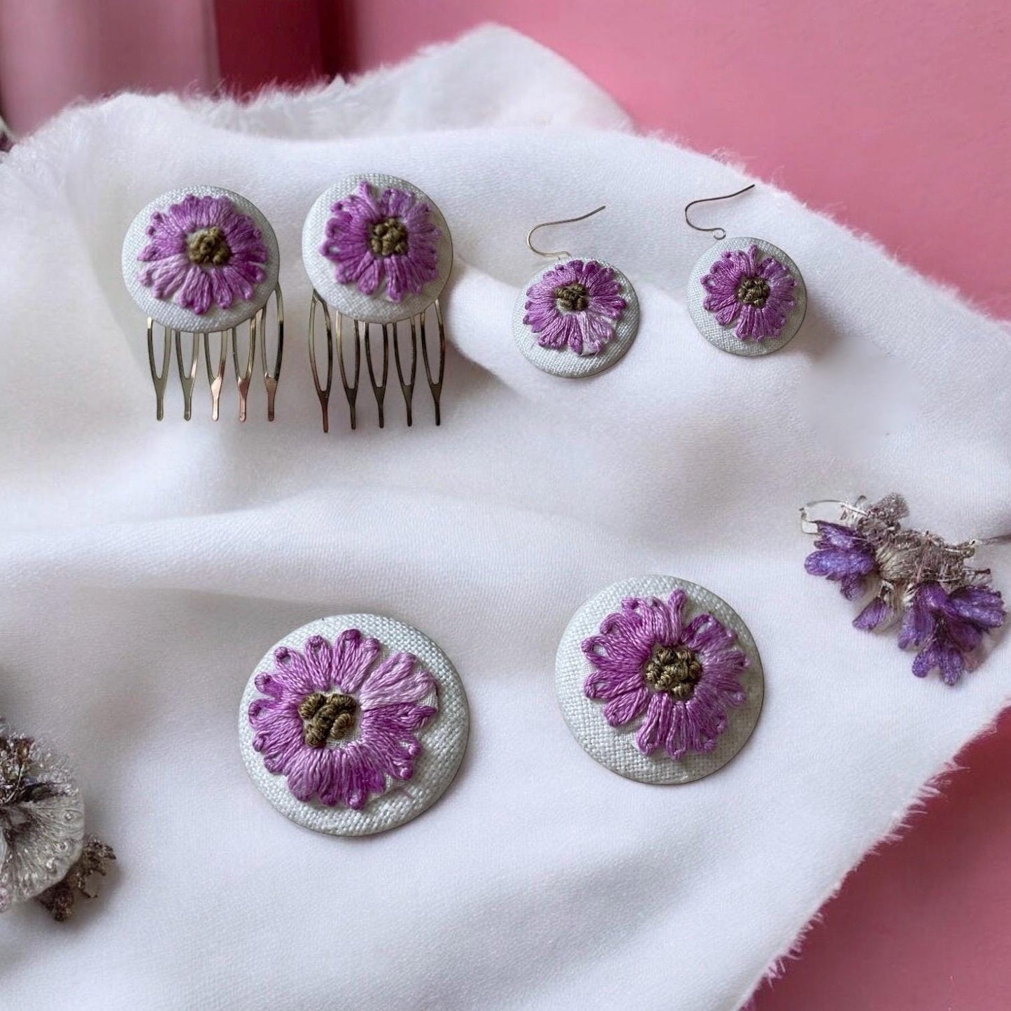 Choice of stud earrings, dangle earrings, hair combs, shanked buttons or pins all handmade from a vintage linen embroidered table runner:
