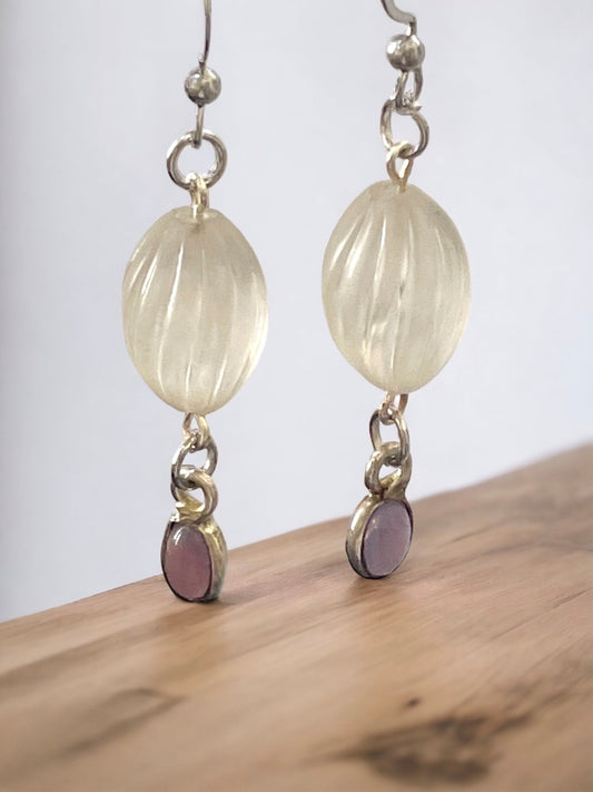 Long dangle earrings made of both new and vintage components - swirled frosted white with lavender dangles
