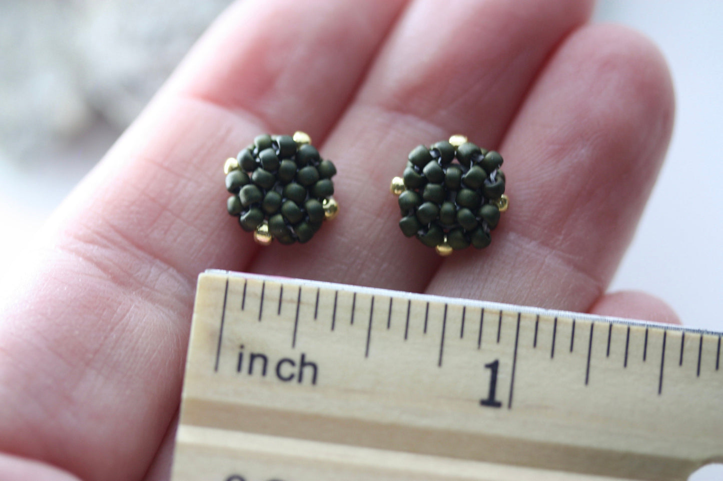 Hand beaded sterling silver stud earrings - matte olive green with drops of gold - studs, beadwork studs, beaded studs