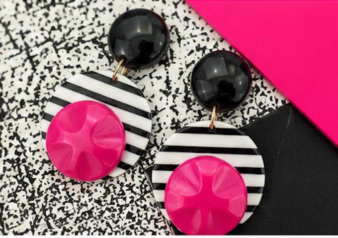 Vintage 1980s Black White Pink Statement Earrings | Bold Geometric Dangle Earrings | Memphis Style Retro Jewelry | Pierced Earrings