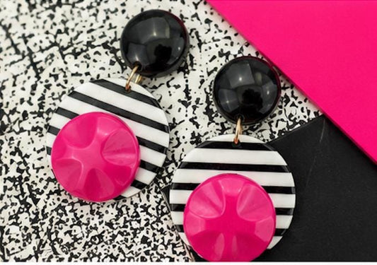 Vintage 1980s Black White Pink Statement Earrings | Bold Geometric Dangle Earrings | Memphis Style Retro Jewelry | Pierced Earrings