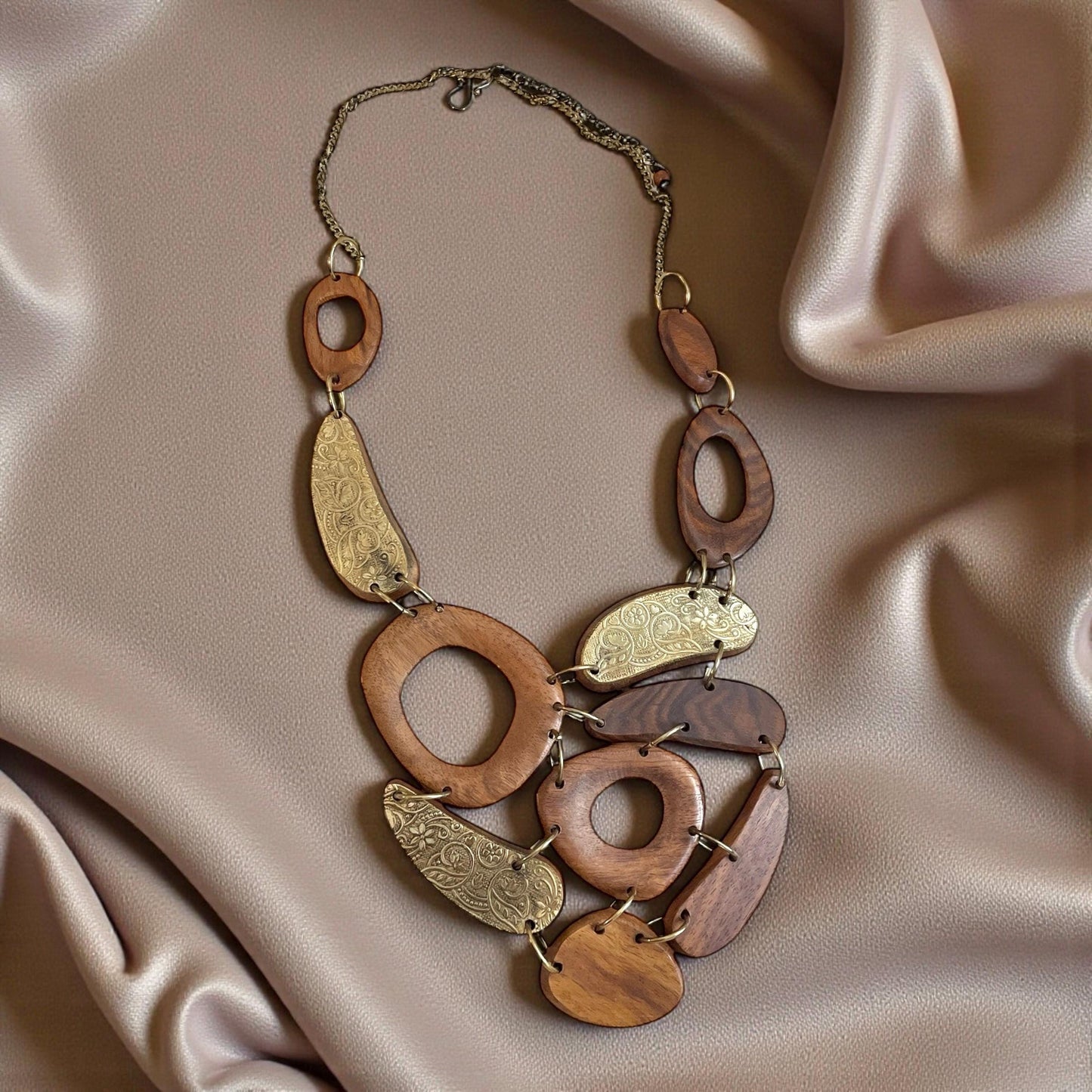 Vintage Wood Statement Necklace | Large Mixed Wood and Brass Tone Links | Boho Artisan Style Necklace | Chunky Wood Jewelry