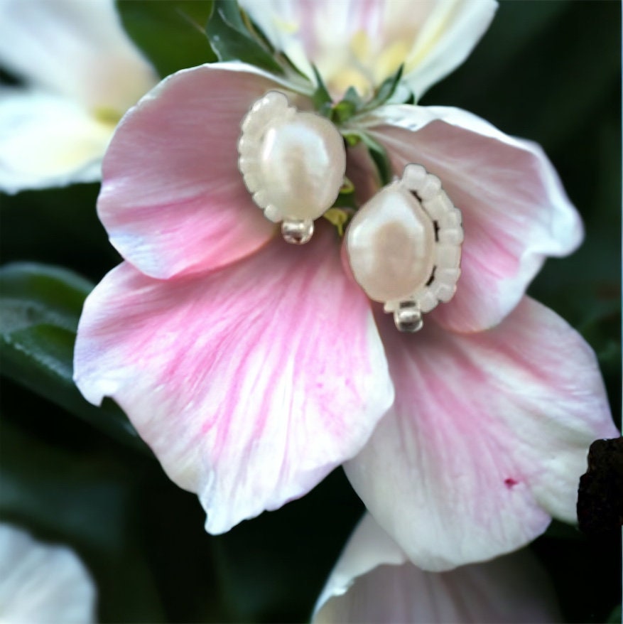 Stunning baroque pearl stud earrings with tiny intricate beadwork - sterling silver ear wires