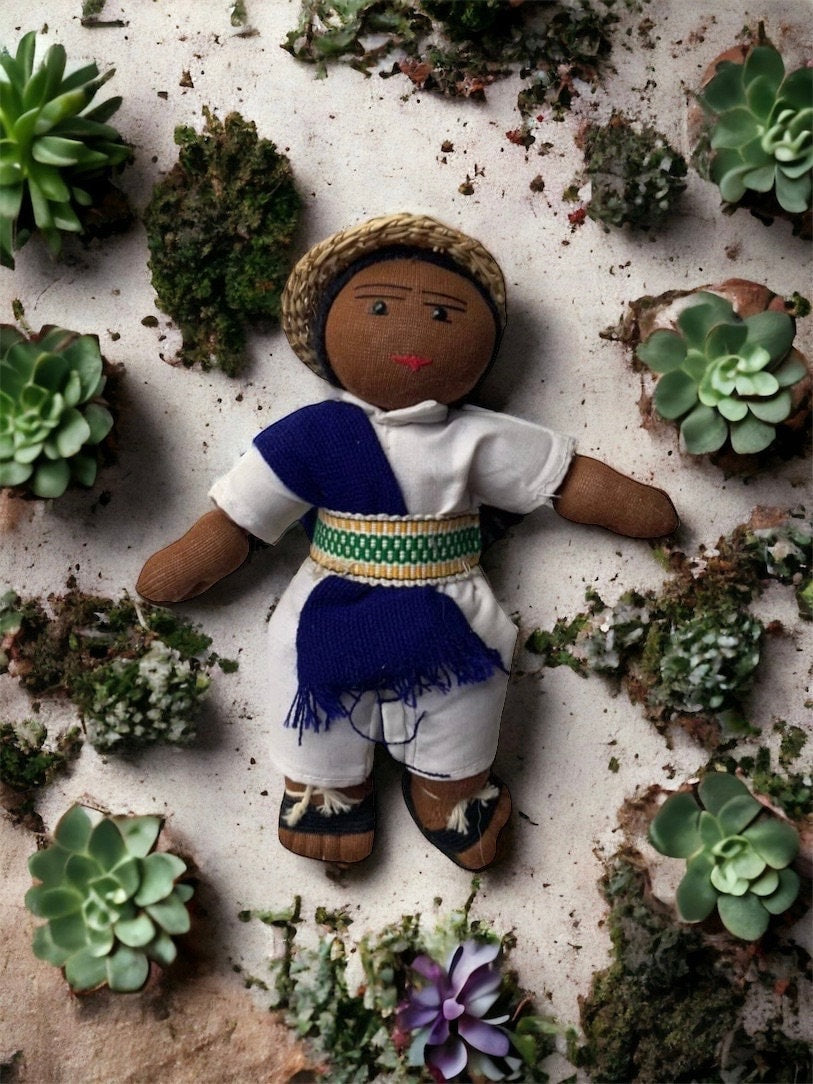 Stunning vintage Mexican girl doll with braids and authentic clothing with straw hat