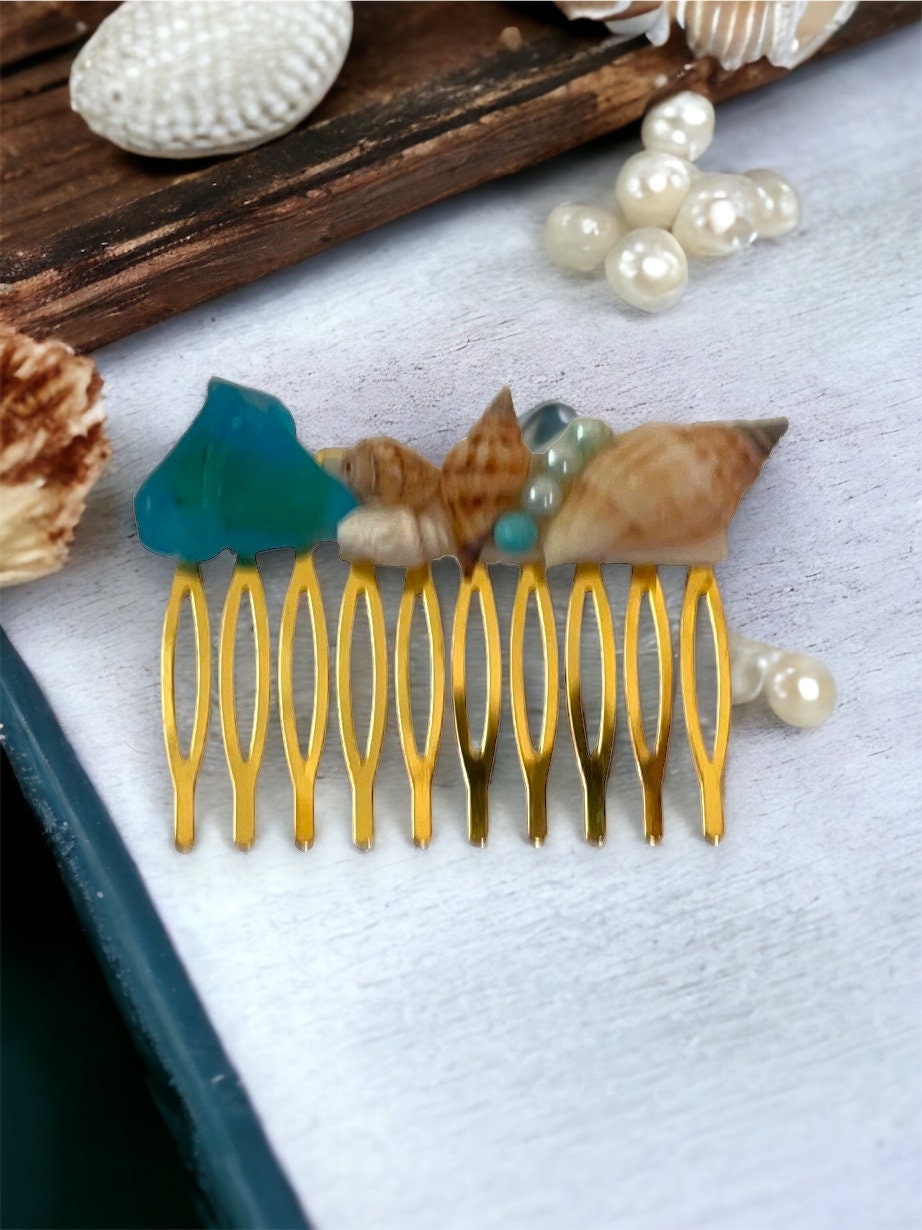 Stunning beach themed hair comb - starfish, stones, shells, faux pearls and blue sea glass on goldtone metal