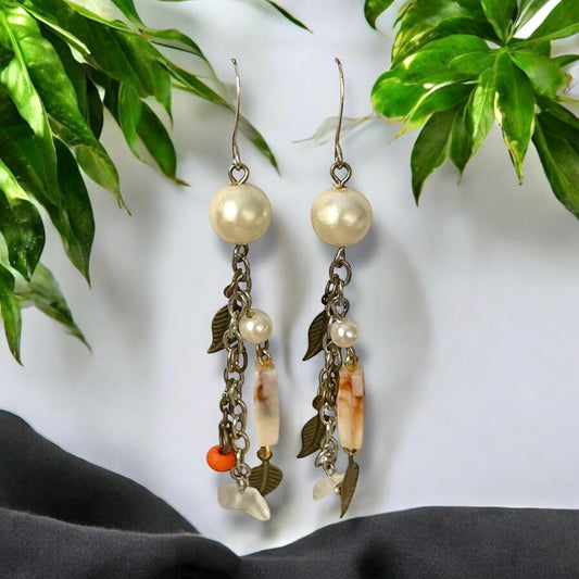 Collage inspired earrings - mixed materials including vintage metal leaves, orange wood, chain, faux pearls and ivory faux bone spacers