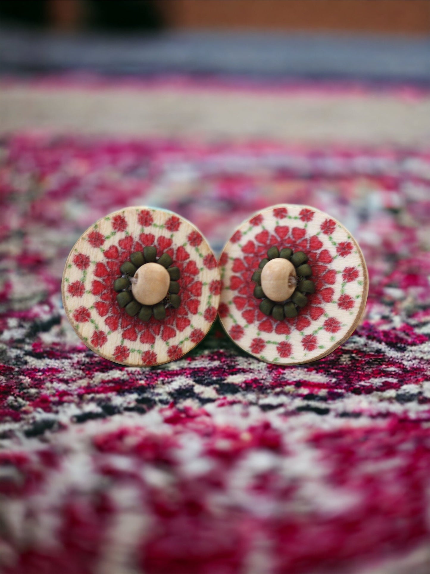 Stunning beadwork mandala stud earrings - red, natural tan and brown