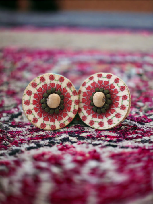 Stunning beadwork mandala stud earrings - red, natural tan and brown
