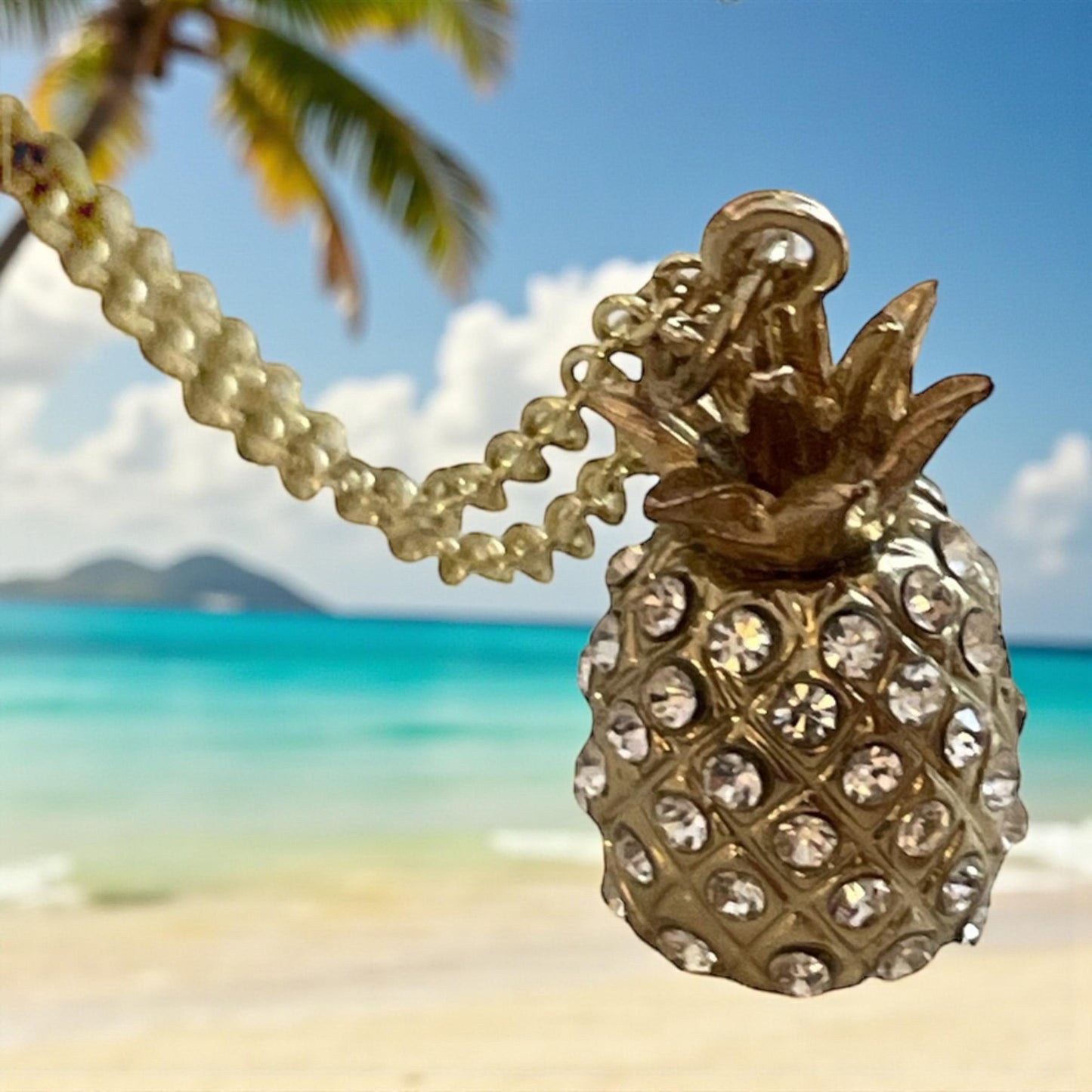 Gold Pineapple Necklace with Clear Rhinestones – Tropical Pendant Jewelry