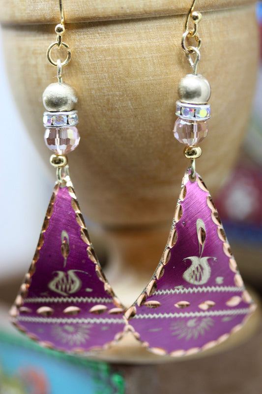 Upcycled pink etched copper dangles with new crystals and beadwork