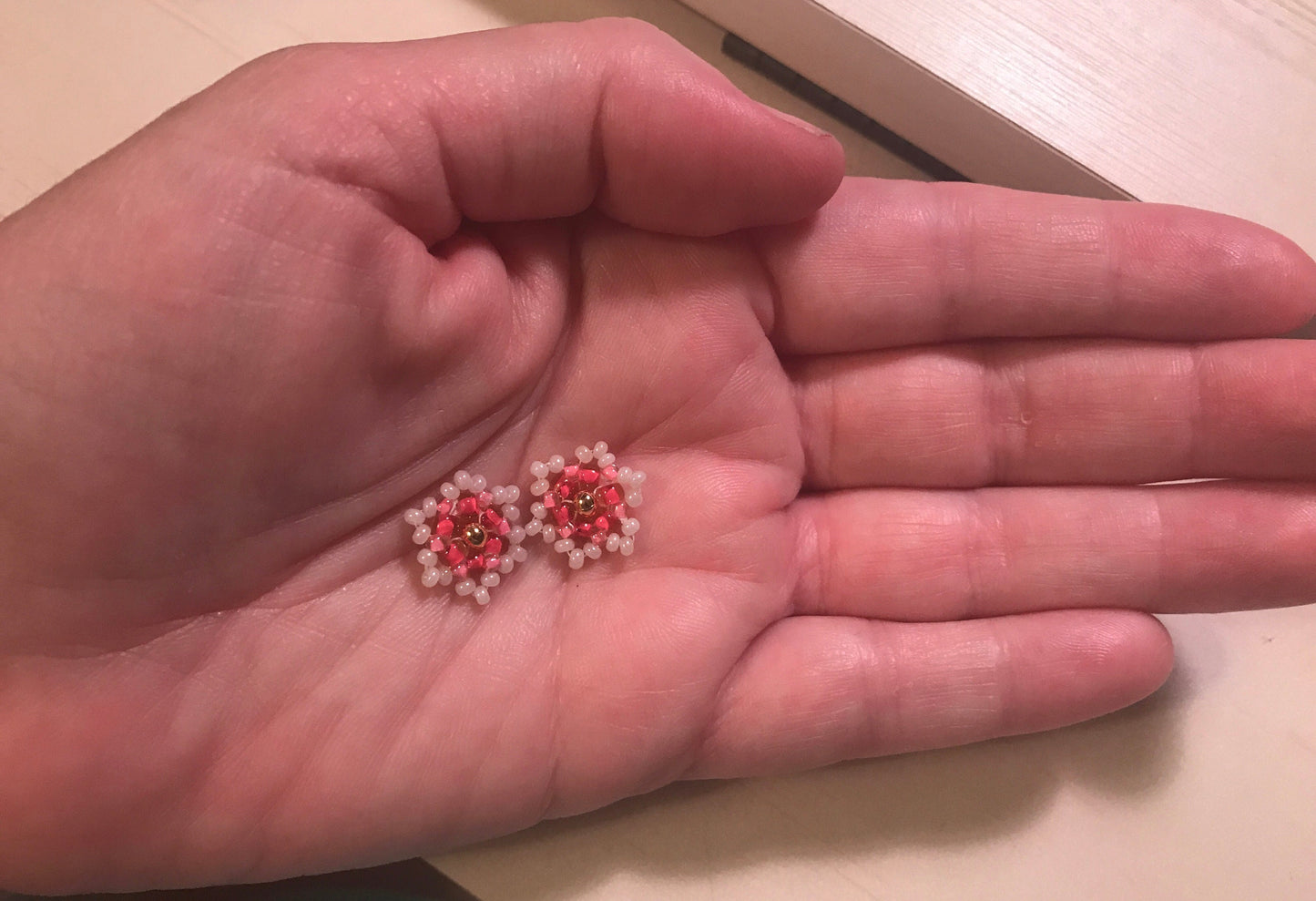 Tiny little hand beaded stud earrings - shades of pink and cream with goldtone center