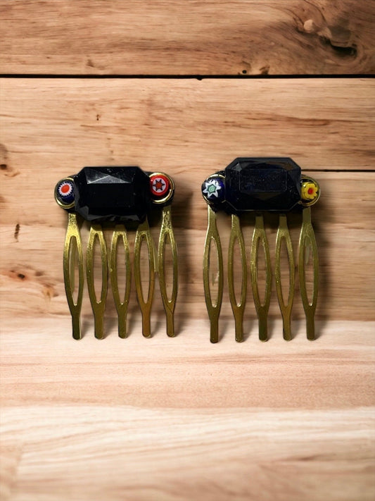 Pair of one-of-a-kind handmade Italian glass micro mosaic hair combs with millefiori around vintage black bezel