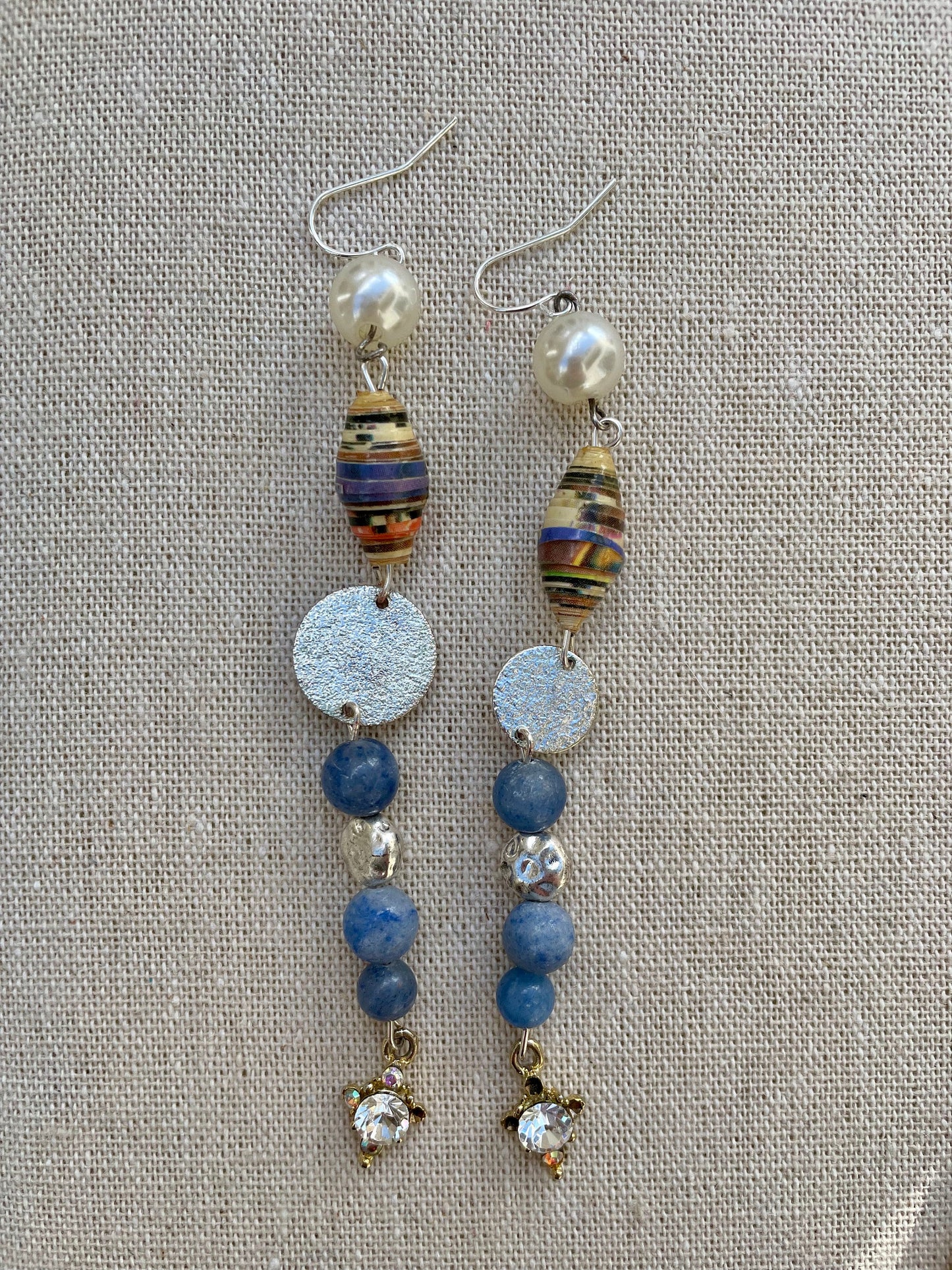 Unique long dangle earrings made with new and vintage mixed materials - metal, faux pearls, blue stones, rolled paper, vintage dangles