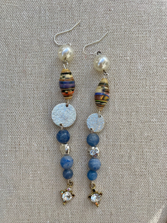 Unique long dangle earrings made with new and vintage mixed materials - metal, faux pearls, blue stones, rolled paper, vintage dangles