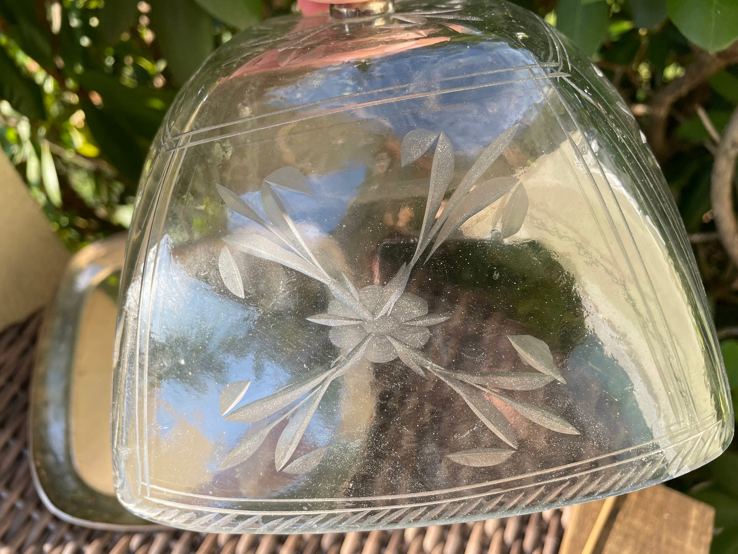 Vintage etched blown glass domed lid on silver square Cheese/Dessert dish