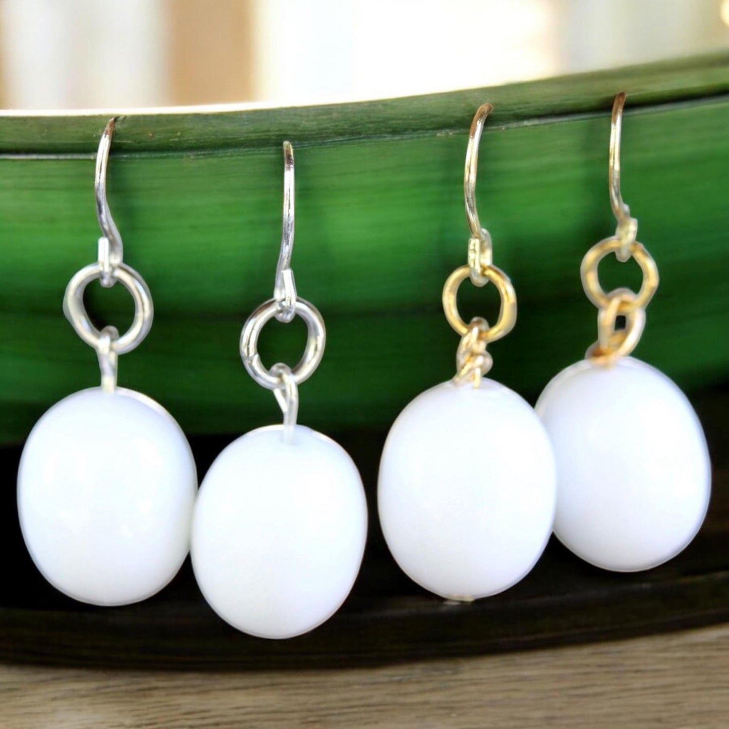 Simple upcycled vintage white oval dangle earrings