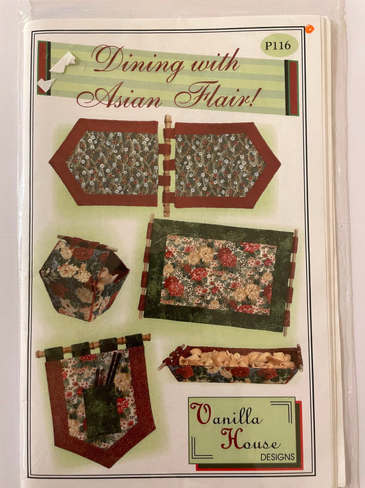 UNCUT Sewing Pattern - Table runner, take out container, placemats, wall hanging and cookie basket - Vanilla House Designs with Asian Flair
