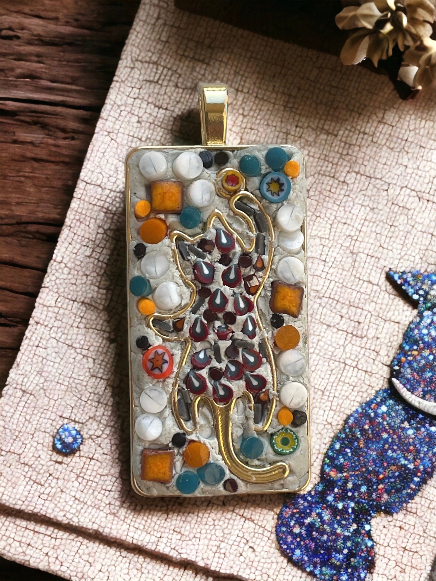 Handmade mixed material micro mosaic cat necklace - made from hand cut millefiori glass and tiles