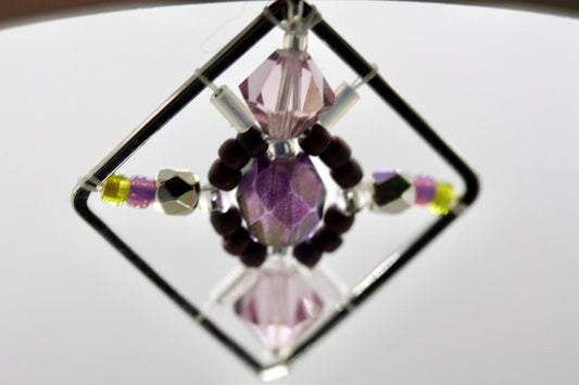 Purple, green and pink crystal and intricate beadwork small square dangle earrings