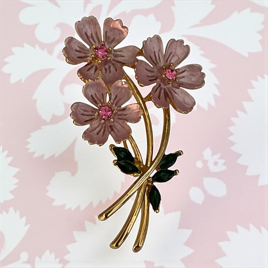 Vintage Pink Enamel Flower Pin – Pink Rhinestone Brooch, Retro Floral Jewelry, Collectible Costume Pin
