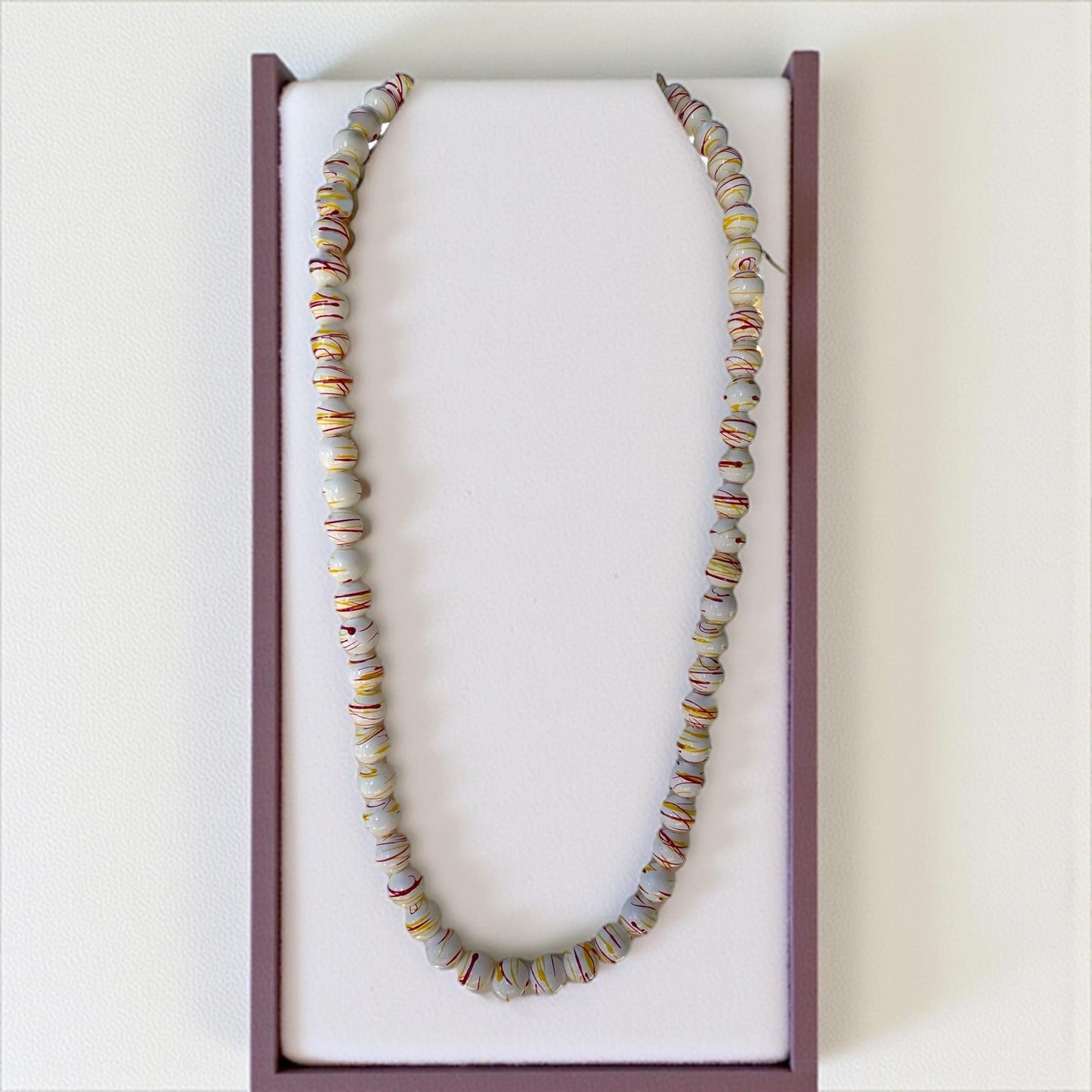 Vintage Red and Yellow Drizzle Splatter Painted Plastic Beaded Necklace – Retro Mod Style
