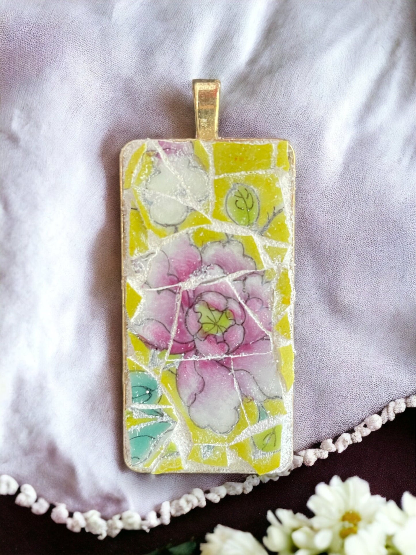 Handmade mosaic floral necklace - made of an upcycled broken vintage plate