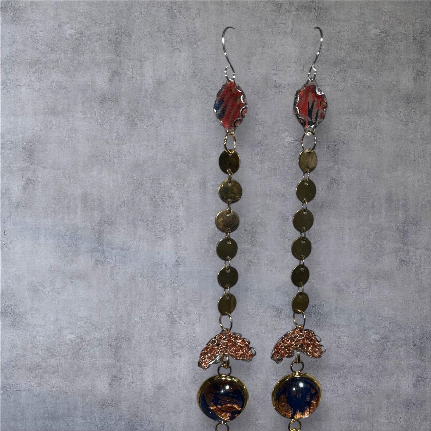 Handmade Long Boho Dangle Earrings – Mixed Metal & Fabric Statement Earrings, Artistic Drop Jewelry with Beads, Modern Design - "Red Sky"