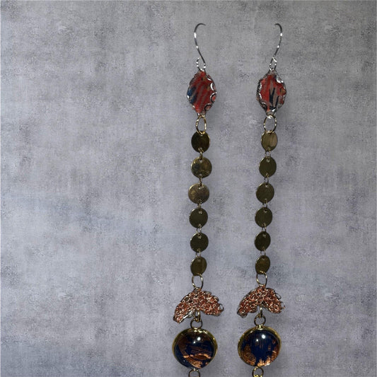 Handmade Long Boho Dangle Earrings – Mixed Metal & Fabric Statement Earrings, Artistic Drop Jewelry with Beads, Modern Design - "Red Sky"