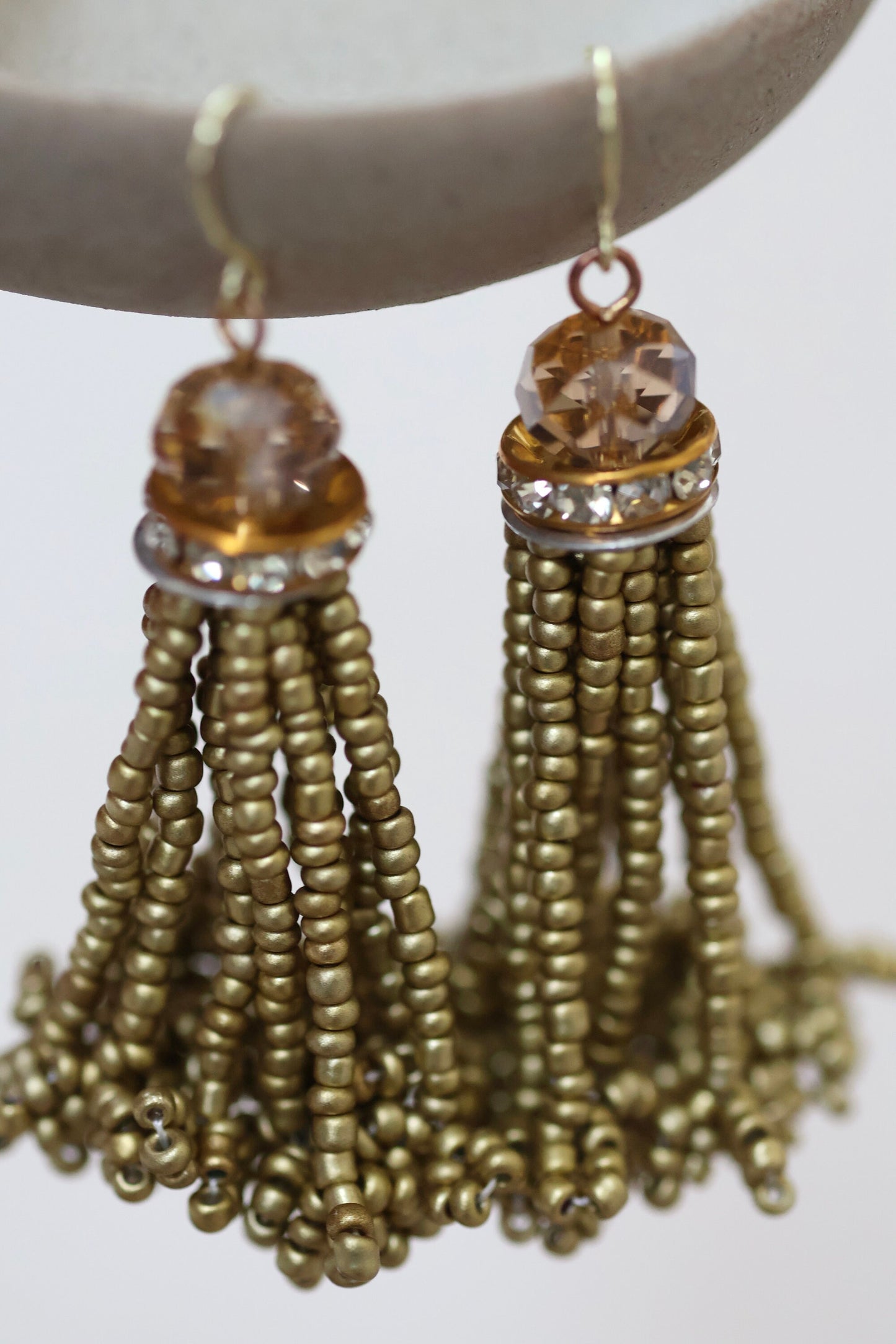 Stunning vintage beadwork gold tassel and crystal dangle earrings