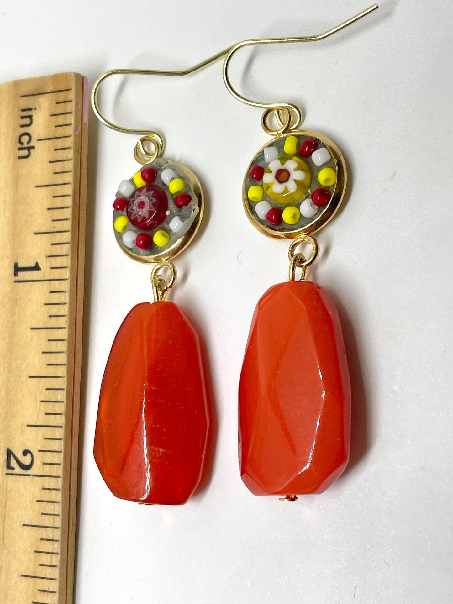 Mosaic inlaid glass and millefiori beads with large uniquely shaped glass dangles