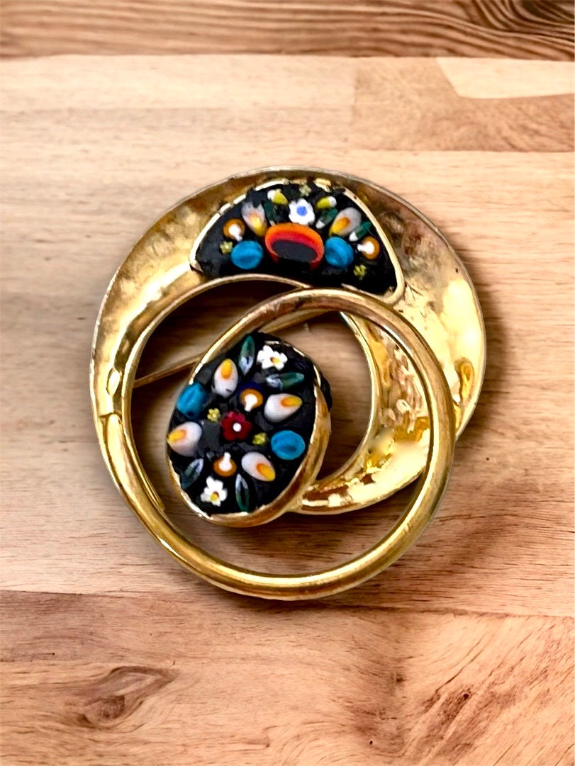 One-of-a-kind micro mosaic pin - glass micro mosaic on goldtone hammered metal