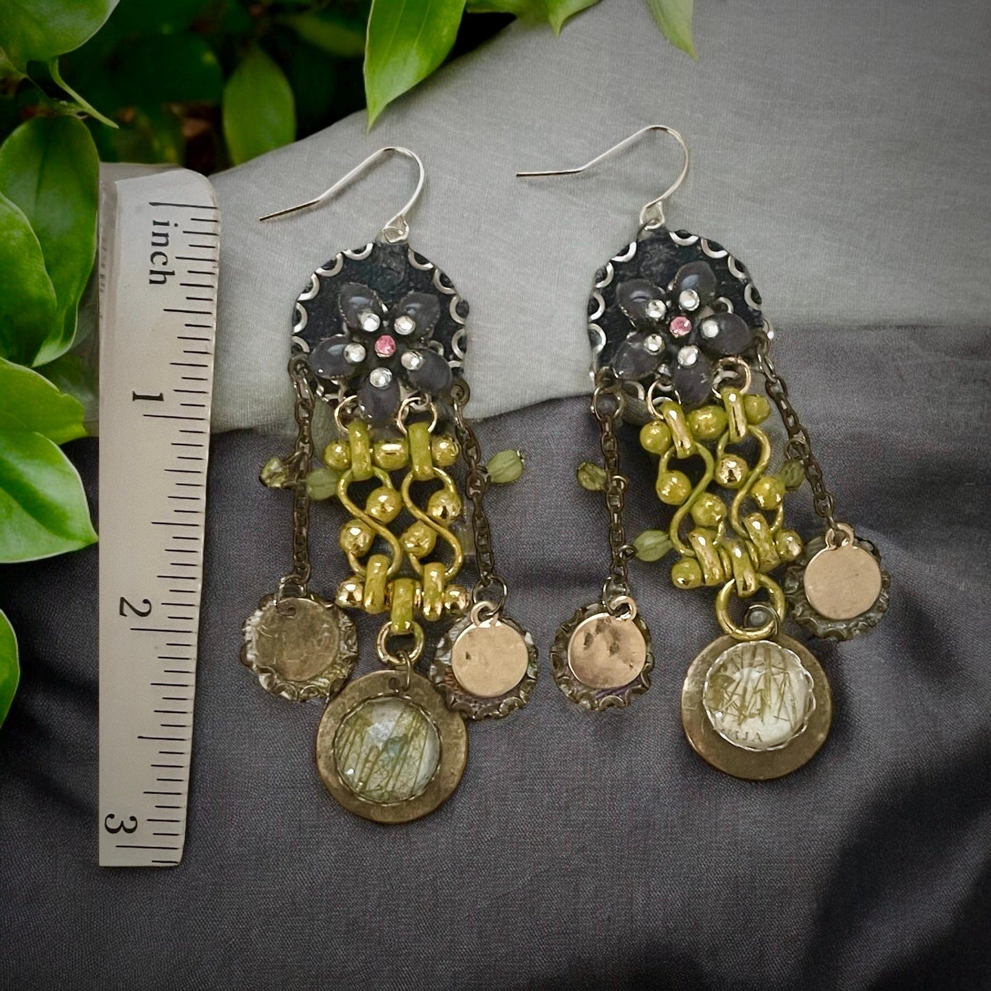 Handmade collage earrings -mixed metals with denim, rhinestones and postage stamp remnant dangles under faux glass domes- Sterling ear wires