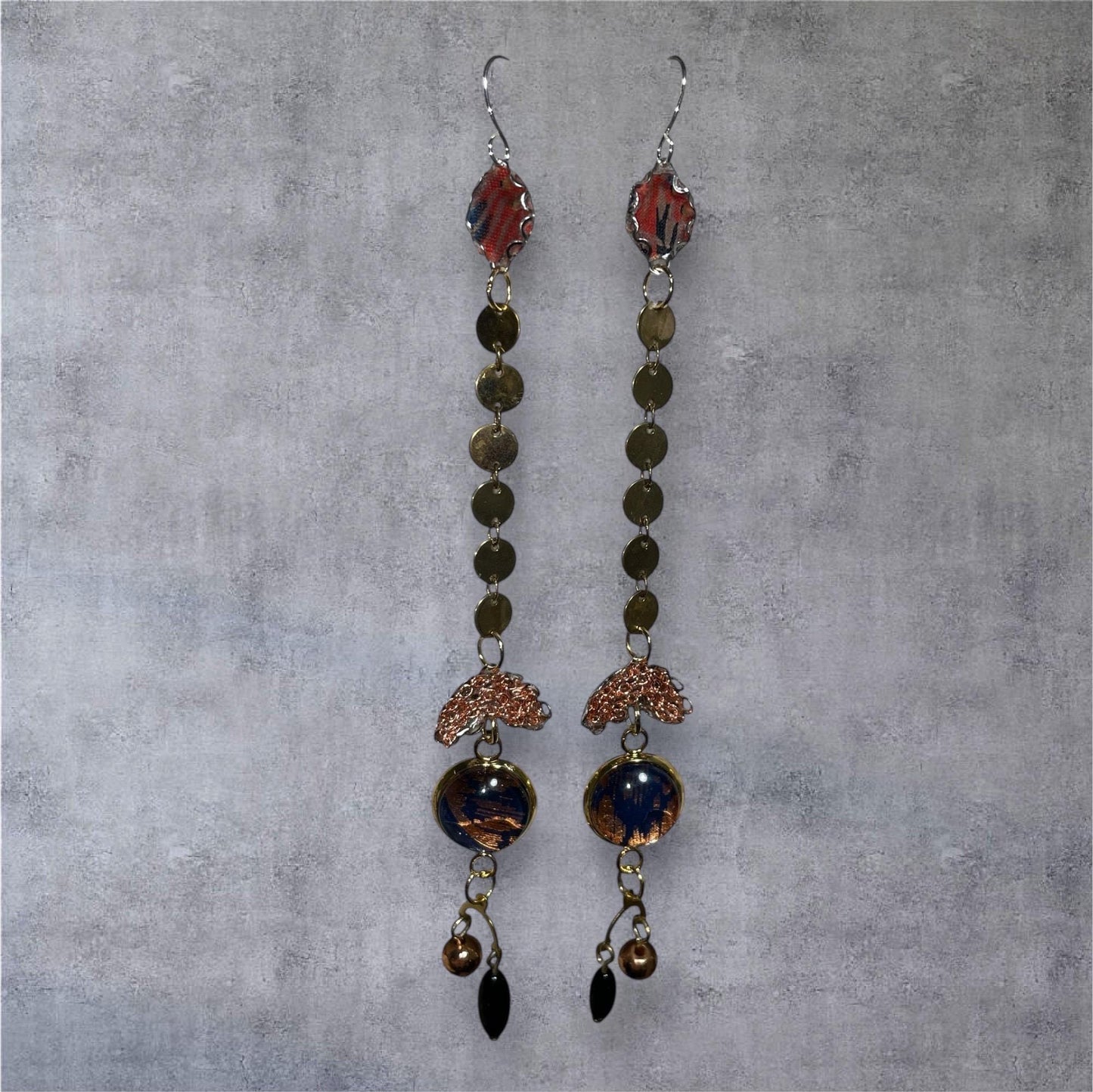 Handmade Long Boho Dangle Earrings – Mixed Metal & Fabric Statement Earrings, Artistic Drop Jewelry with Beads, Modern Design - "Red Sky"
