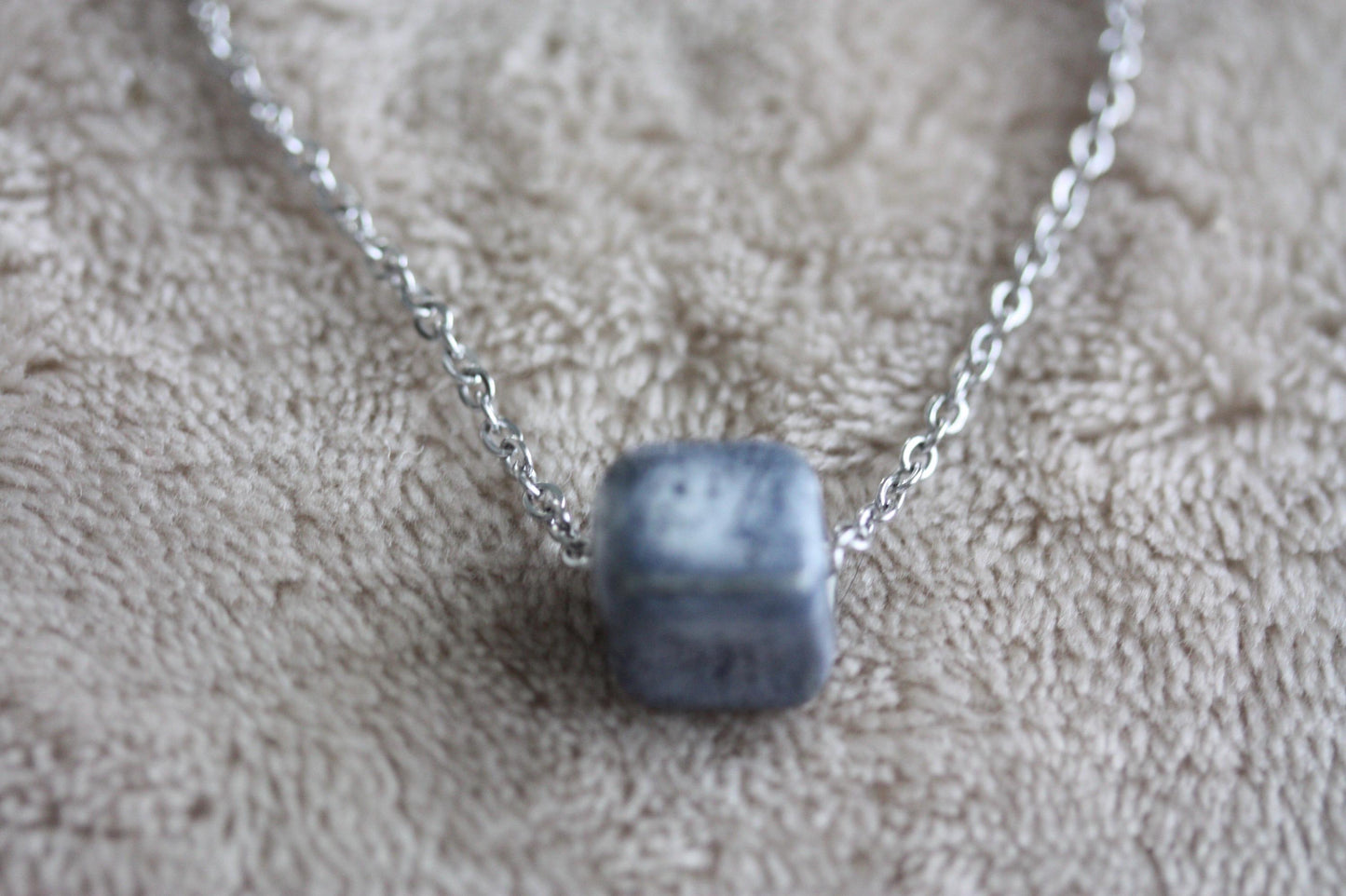 Speckled blue clay pottery cube minimalist necklace on silver tone chain