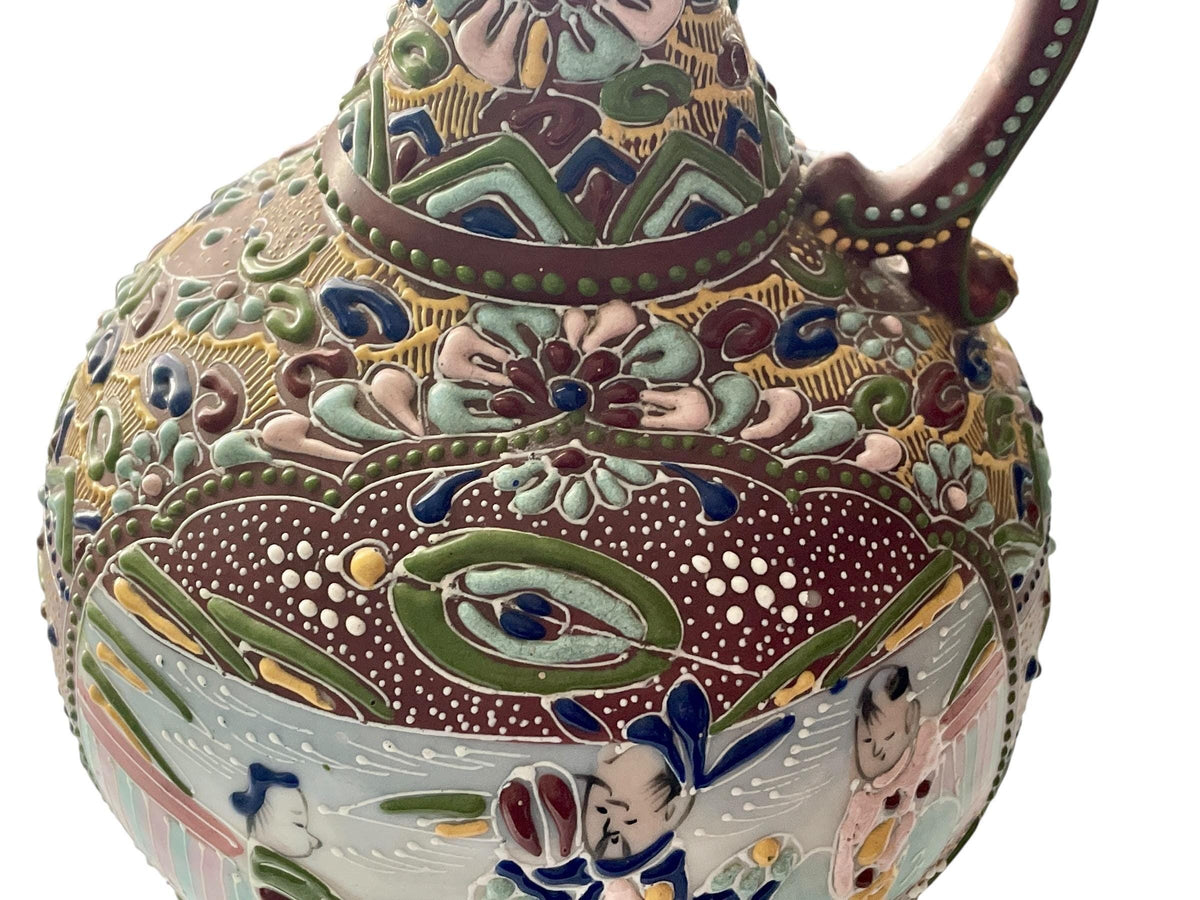 Antique Japanese Satsuma Moriage Pitcher | Hand Painted Figural Ewer Vase | Raised Enamel Gold Gilt | Meiji Style Art Pottery
