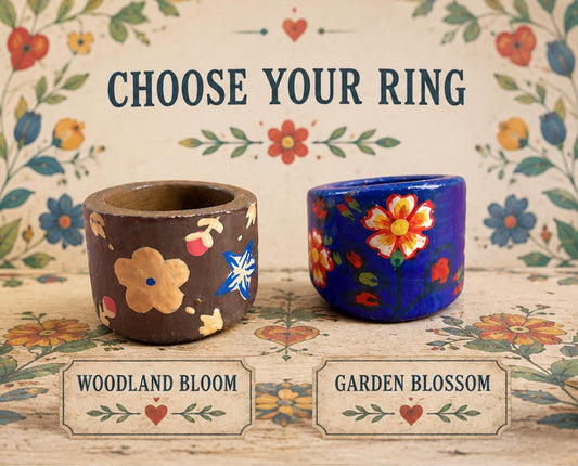 Vintage Hand Painted Wooden Ring | Choose Your Ring | Folk Art Floral Statement Ring | Boho Cottagecore Jewelry