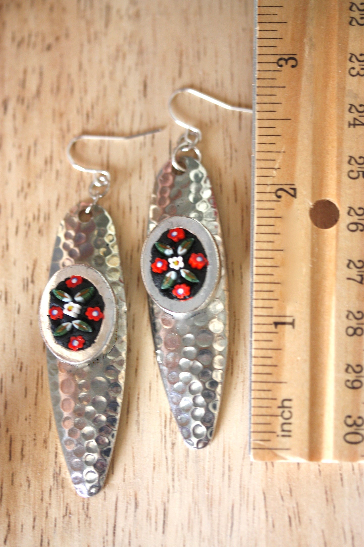 My handmade inlaid micro-mosaic on upcycled vintage hammered metal earrings - with sterling silver ear wires