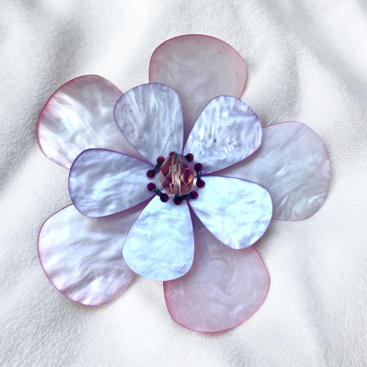 1970s Simulated Mother of Pearl pale pink and lavender Flower Brooch – Dual Petal Layers – Crystal Bead Center – Vintage Floral Pin