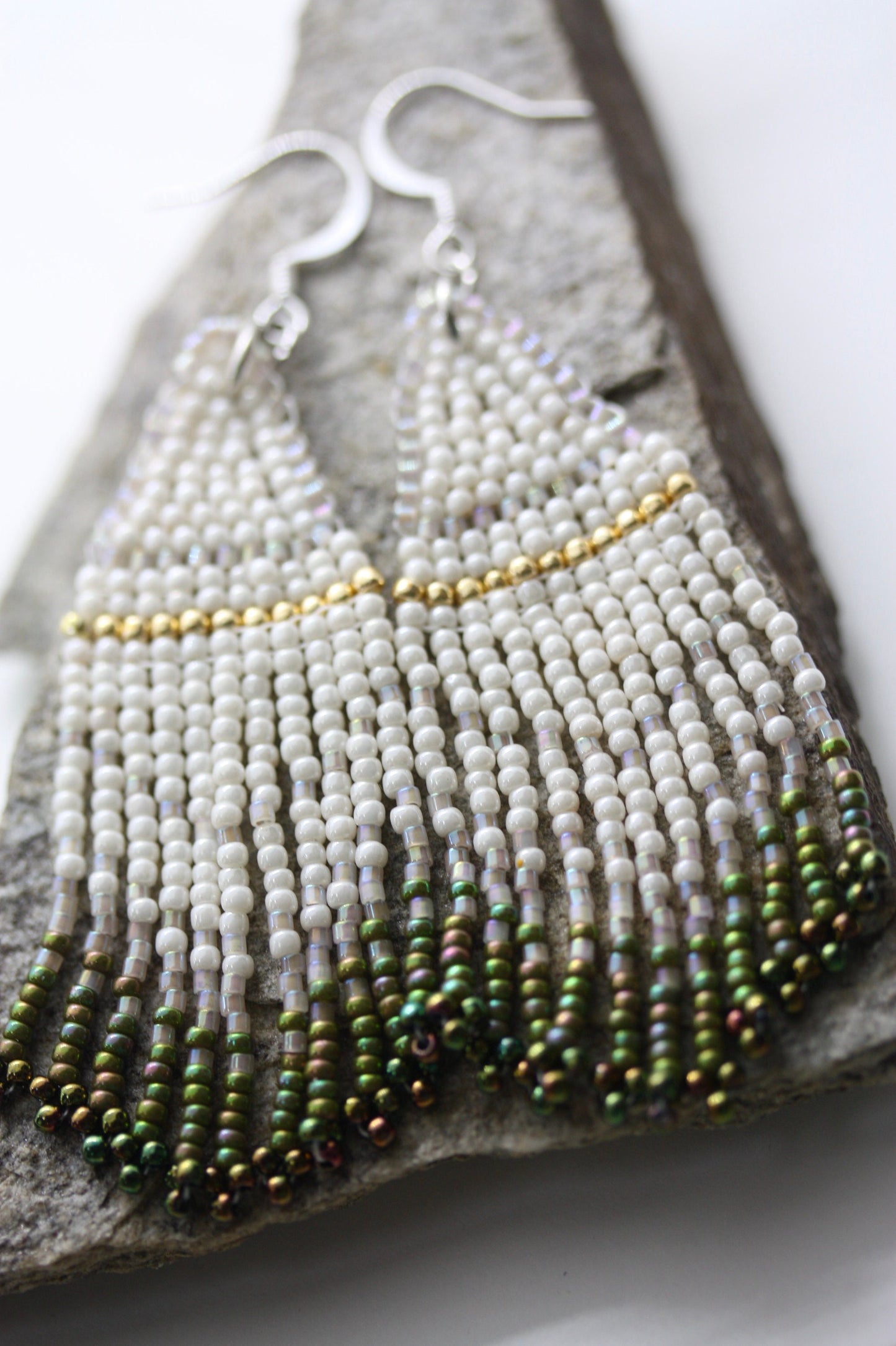 Hand beaded Native-American-Style stunning dangle beadwork earrings - shades of green and white with touches of silver crystal and gold