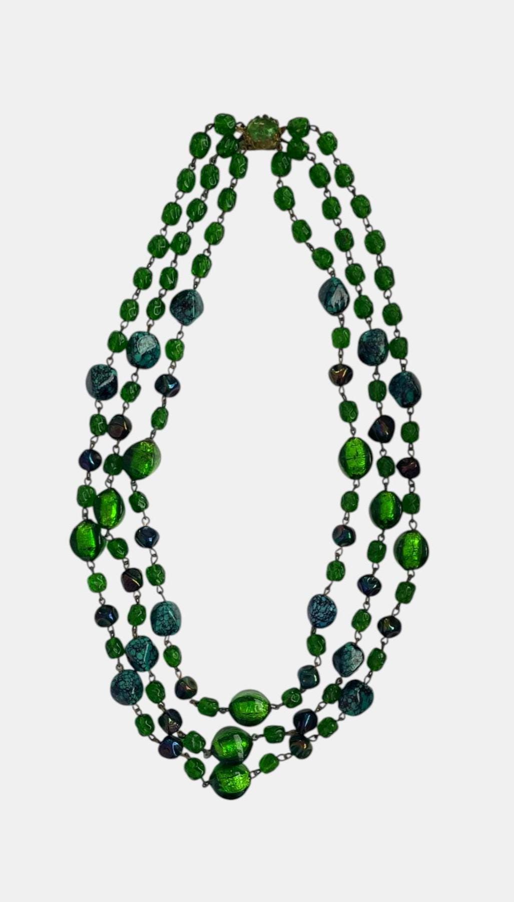 Vintage Emerald Green Glass Necklace, 3 Strand Art Deco Style Statement Necklace, Foil Glass & Turquoise Look Synthetic Beads