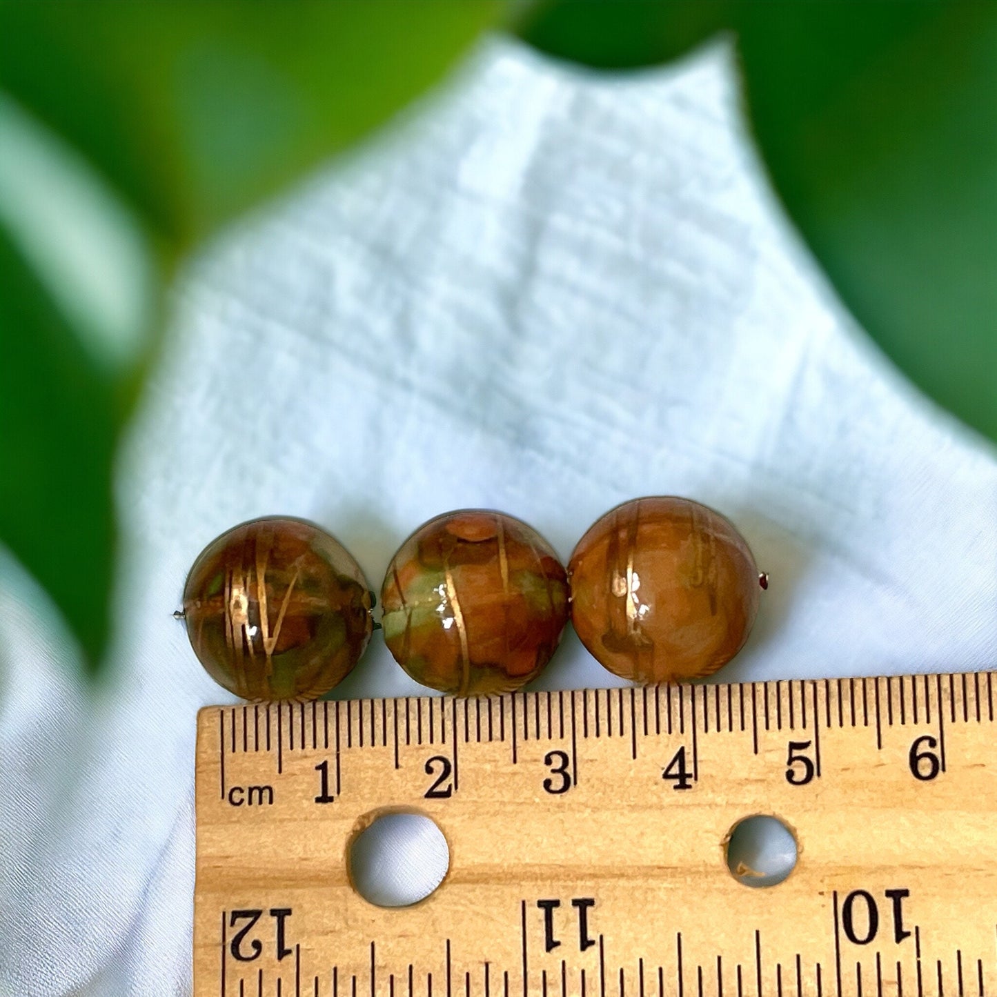 Unique orange, green and gold swirled 5 mm vintage beads - approx. 15 mm each