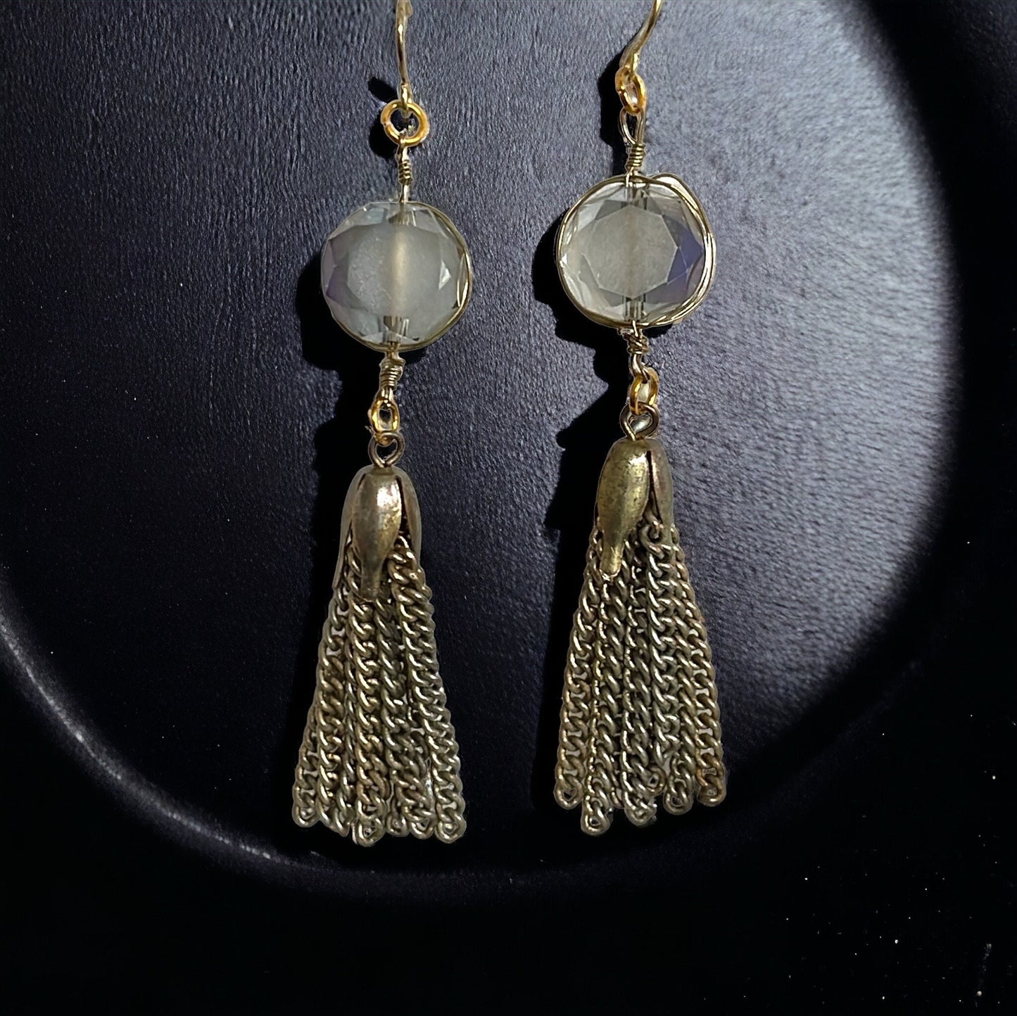 Beveled silvery blue glass and metal tassel handmade earrings