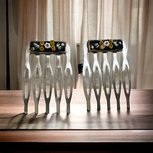 Pair of one-of-a-kind handmade Italian glass micro mosaic hair combs