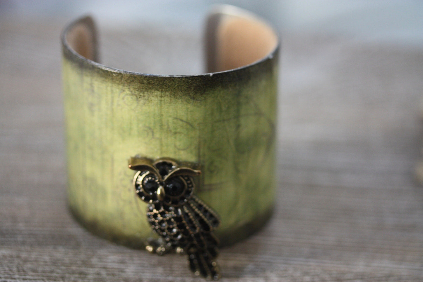 Vintage handmade green cuff bracelet with owl