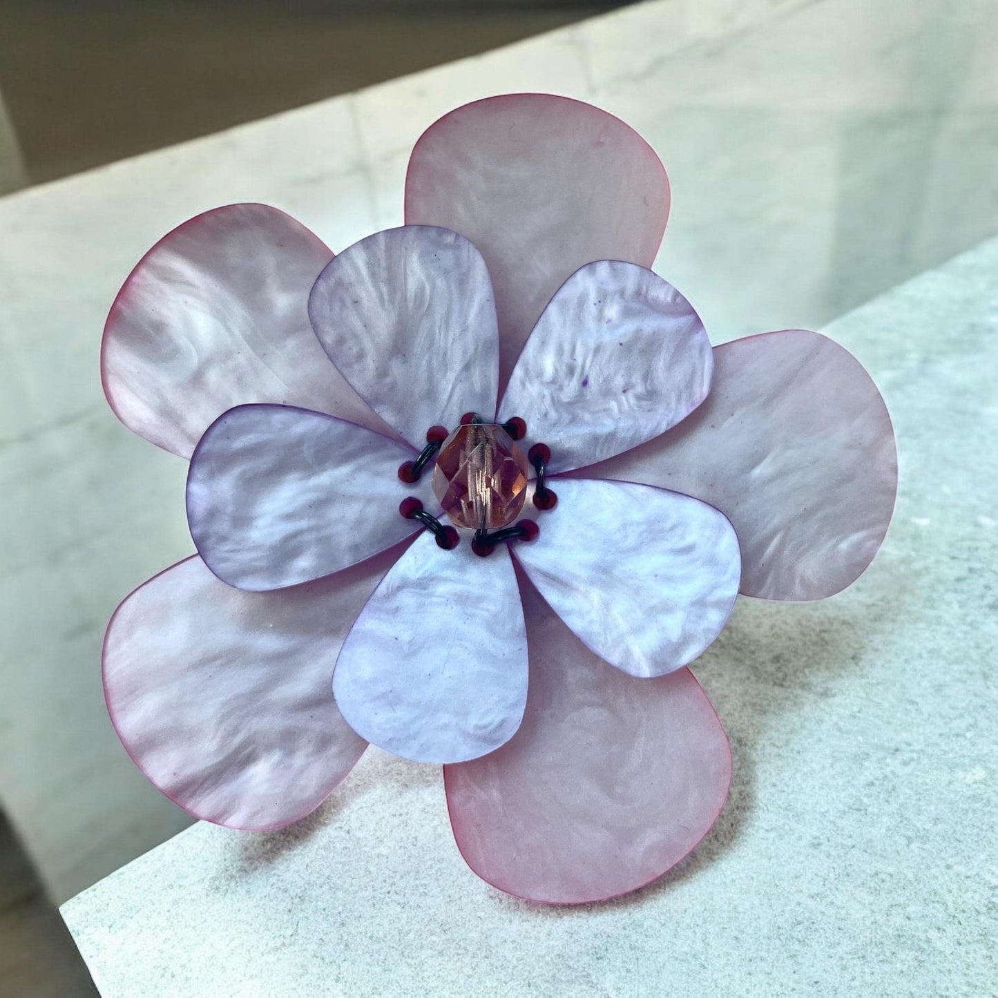 1970s Simulated Mother of Pearl pale pink and lavender Flower Brooch – Dual Petal Layers – Crystal Bead Center – Vintage Floral Pin