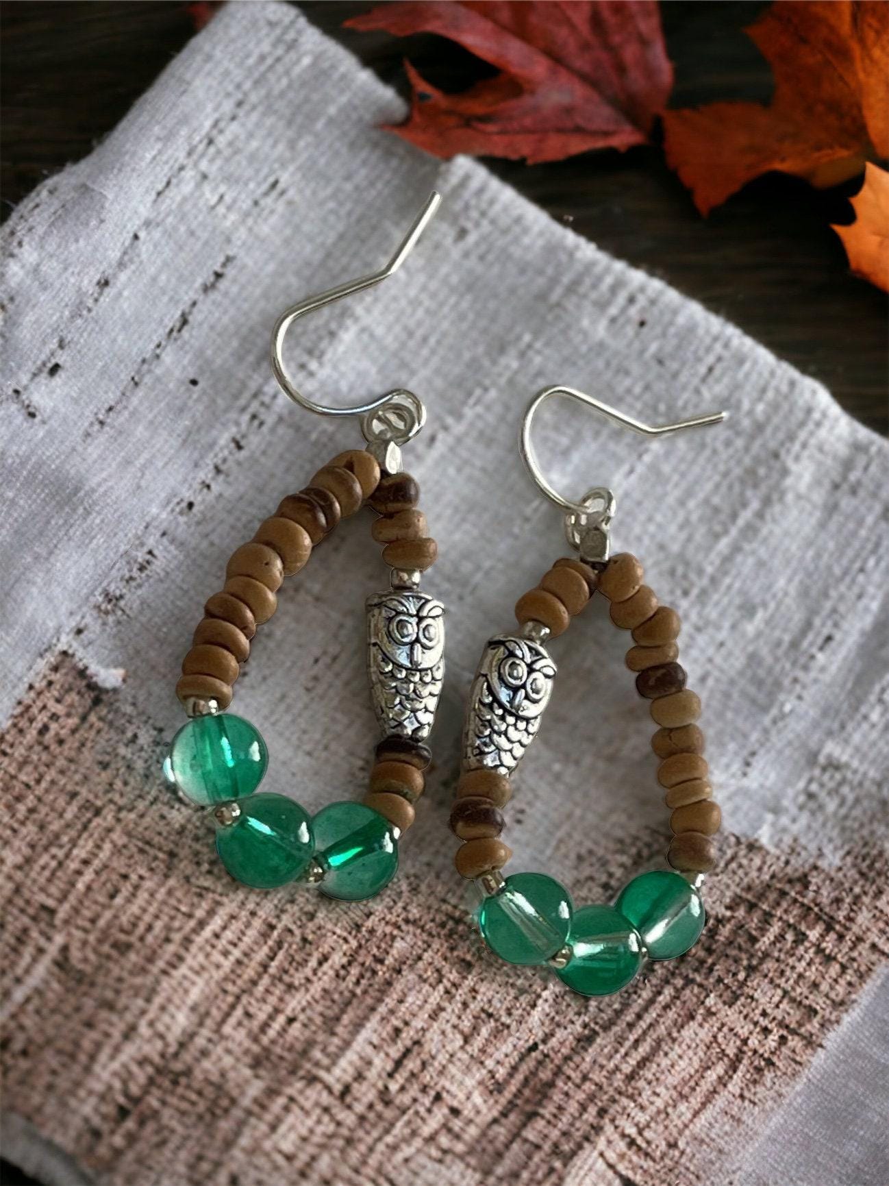 Hand beaded color blocked dangle hoop earrings - glass, wood and tiny metal owls