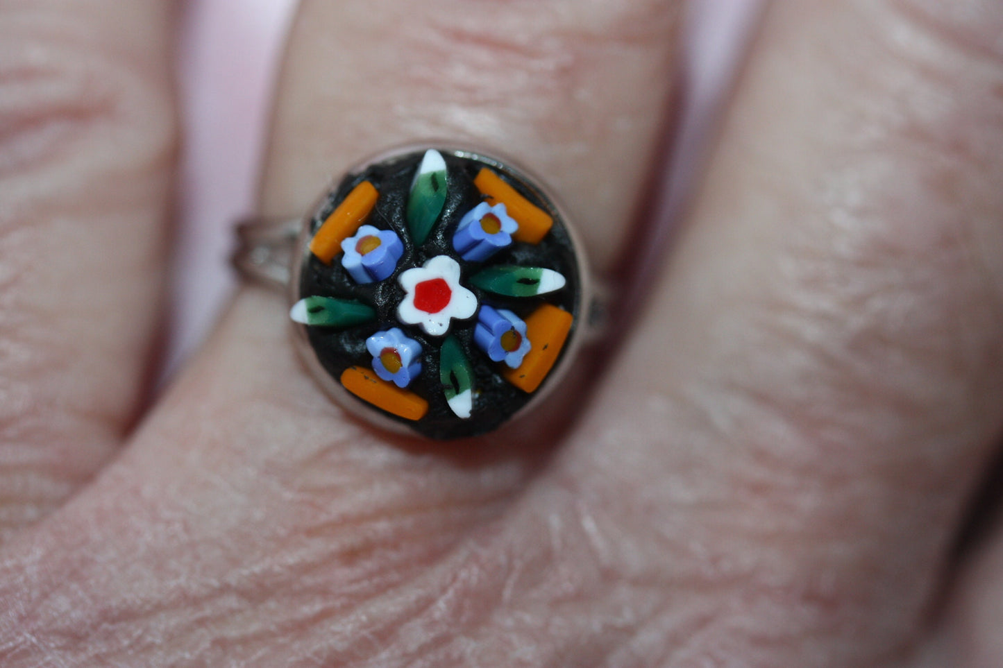 Handmade micro mosaic adjustable ring - Italian inspired - hand cut glass with millefiori flowers