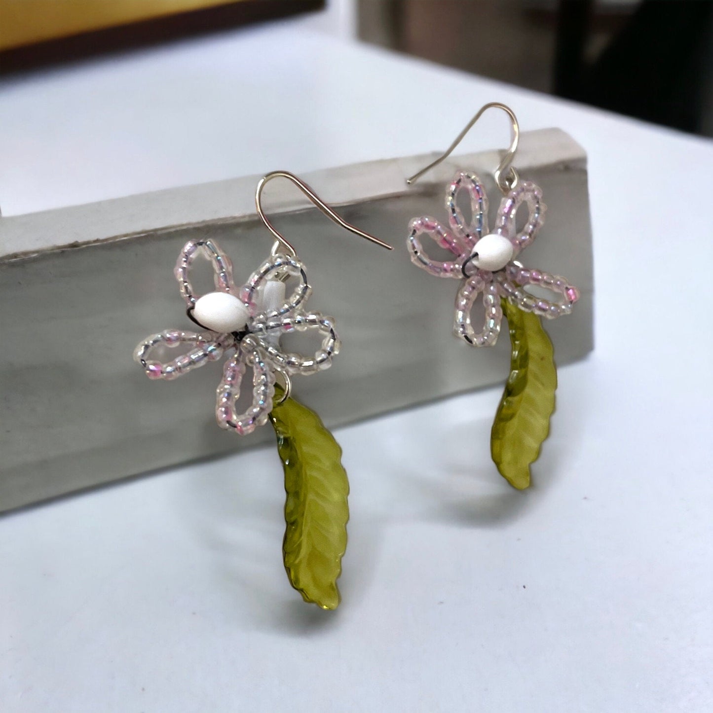 French beaded flowers with glass leaves dangle earrings
