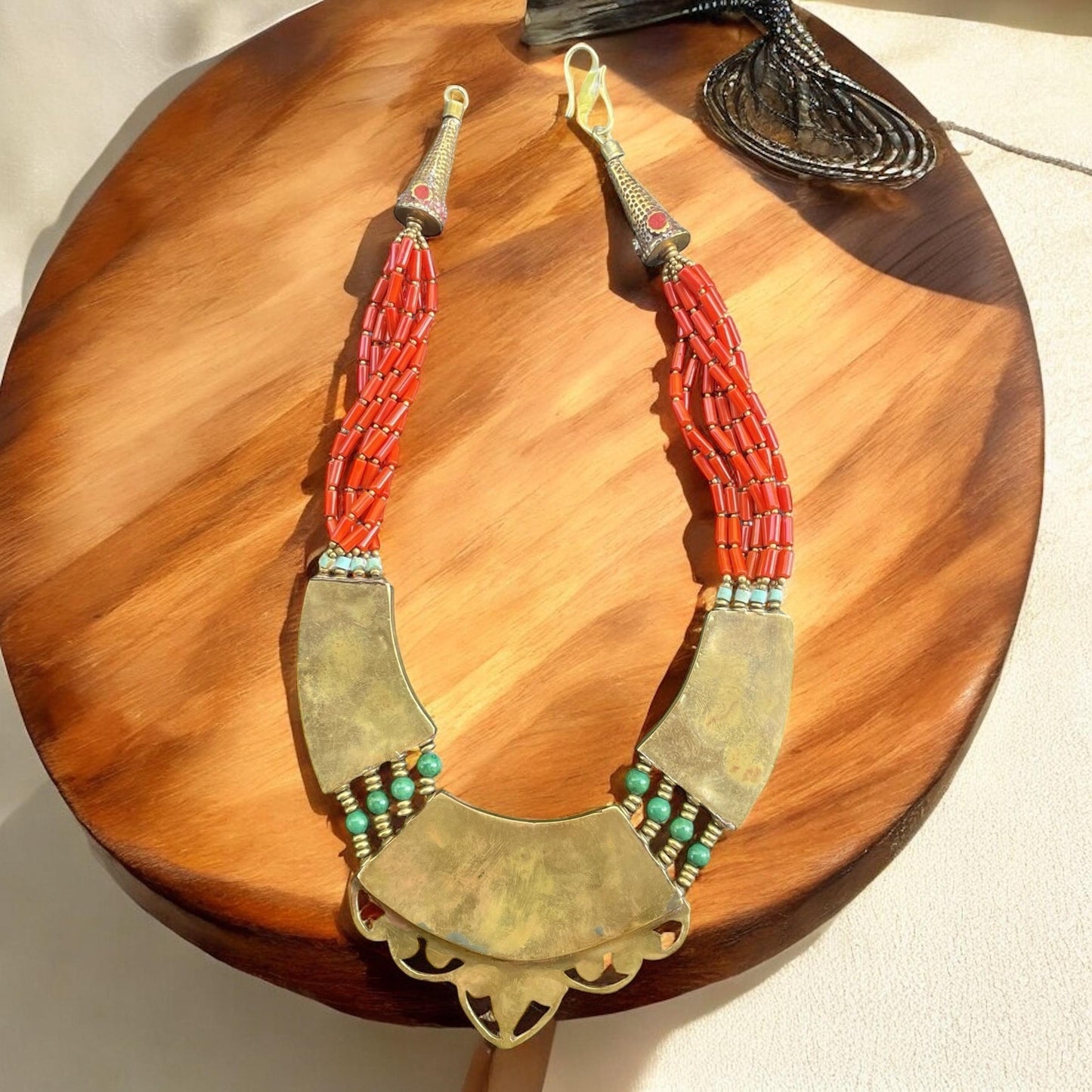 Boho Tribal Statement Necklace | Red Coral Beaded Ethnic Necklace | Tibetan Style Turquoise Brass Necklace | Bold Festival Jewelry