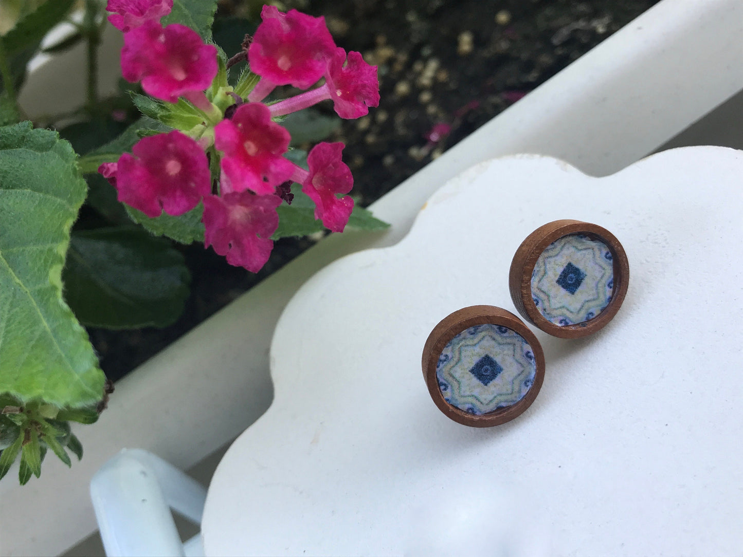 One pair of wooden stud earrings with faux tile inspired by Morocco, Italy and Portugal - 12mm round